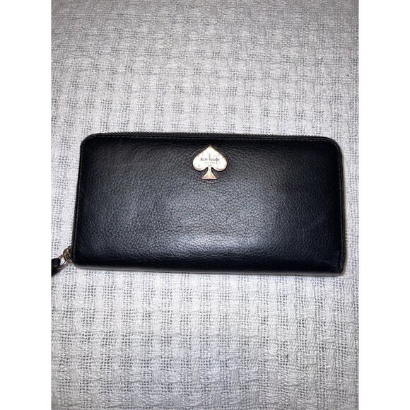 KATE SPADE Leroy Street Neda Full Zip Black Leather Wallet Bow Zipper Pull - Picture 1 of 13